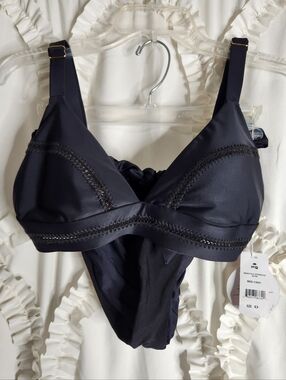 New PQ Swim Black Ellie Triangle Halter Top Ruched Bottoms Bikini Sz Large